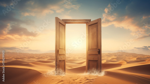 Opened door on desert. Unknown and start up concept © Anas