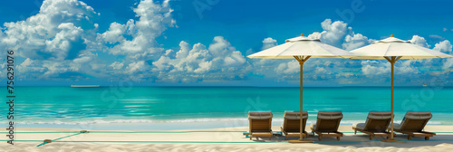 White sand beach with umbrella and longchairs near the turquoise ocean, ultra wide