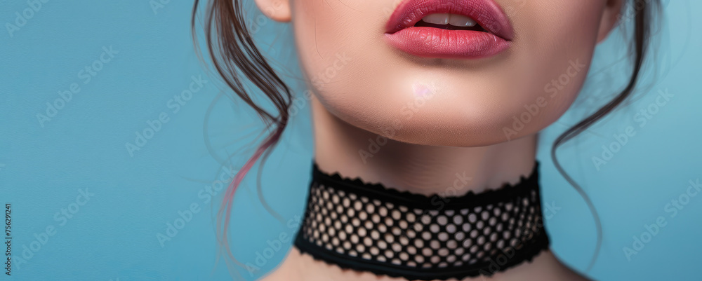 Elegant Beauty Young Woman with Choker. Close-up of a girl with black choker on her neck, blue background with copy space. Elegant Beauty Young Woman with Choker. Close-up of a girl with black choker on her neck, blue background with copy space.