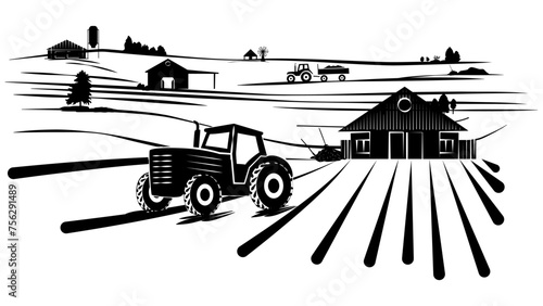 Silhouette scene from farm life with fields with tractors, barns and houses isolated on white background. Rural clipart.