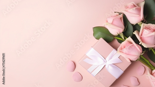 Paper card between light pink roses and gift on light