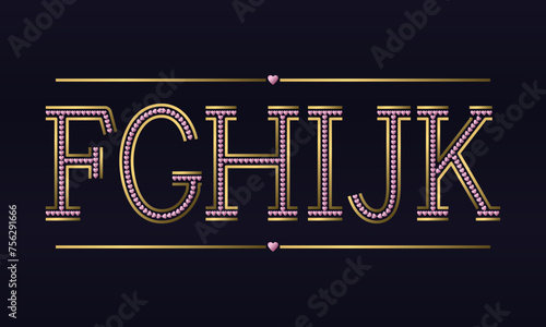 F, G, H, I, J, K golden capital letters with rose gold hearts inside. Decorative font in romantic style.