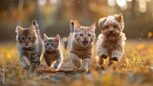 Cute funny dog and cat group jumps and running and happily a field