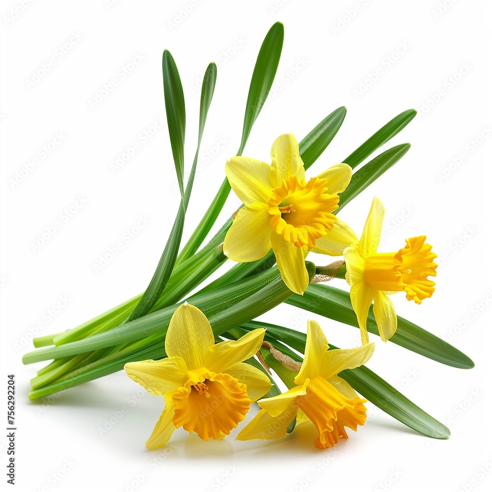 A bright yellow daffodils with prominent trumpets and green leaves, isolated on a white backdrop. A bright yellow daffodils with prominent trumpets and green leaves, isolated on a white backdrop.