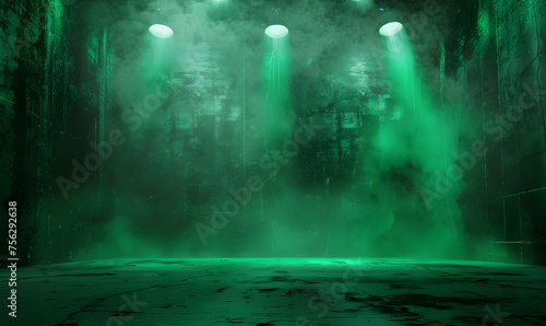 dynamic green gritty spotlight stage design, wwe style edged background, Generative AI  photo