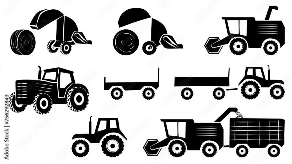 A set of agricultural machinery silhouettes isolated on white background. Combine harvester and tractor with trailer. Clipart.
