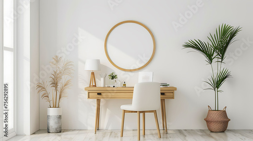 Oval shape mockup photo frame bamboo border, on study desk in modern living room, 3d render