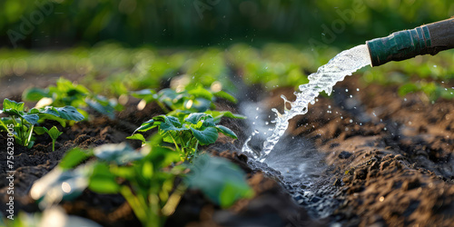 Irrigation of Young Crops. Close-up of water streaming from a hose onto young green leaves plants in garden soil.