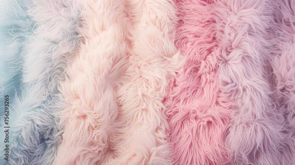 Close up view. Dreamy pastel fur wall of soft and velvety textures and cozy indulgence