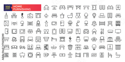 Home Furnishing and Furniture flat line icons set. sofa table, bookcase closet, chair, mattress, lamps, ladder vector illustrations. Outline signs of house interior
