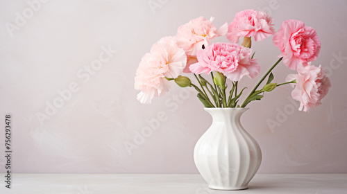 Pink carnations and a fluted pastel vase on a white background