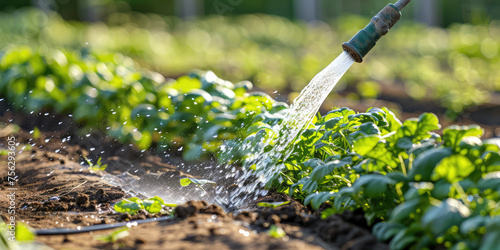 Irrigation of Young Crops. Close-up of water streaming from a hose onto young green leaves plants in garden soil.
