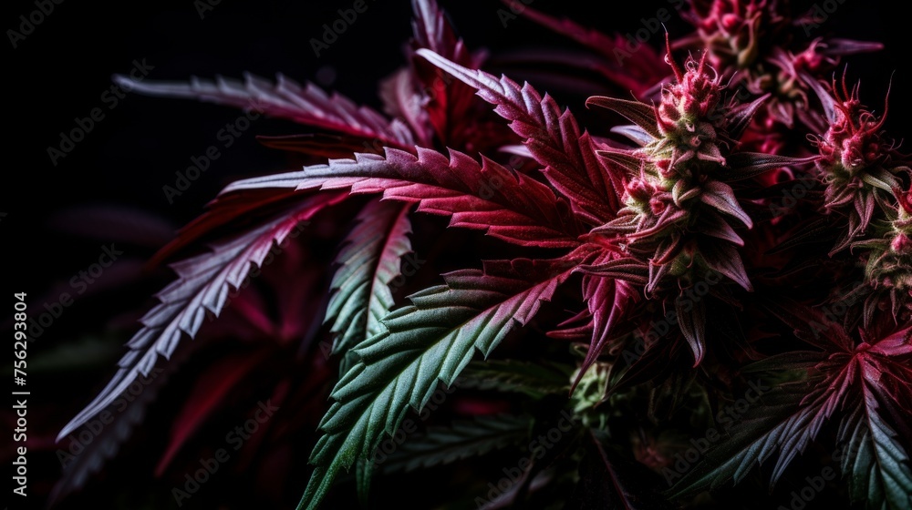Bold cannabis leaves creating abstract composition on dark backdrop, forming striking contrast. Bold cannabis leaves creating abstract composition on dark backdrop, forming striking contrast.
