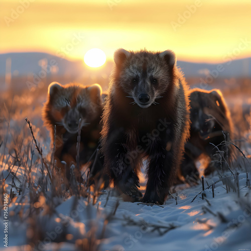 Wolverine family walking towards the camera in the forest with setting sun. Group of wild animals in nature.