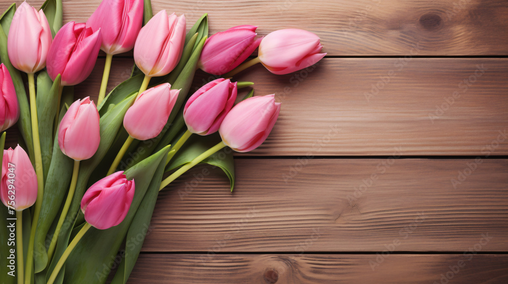 Pink tulip bouquet on retro wooden background