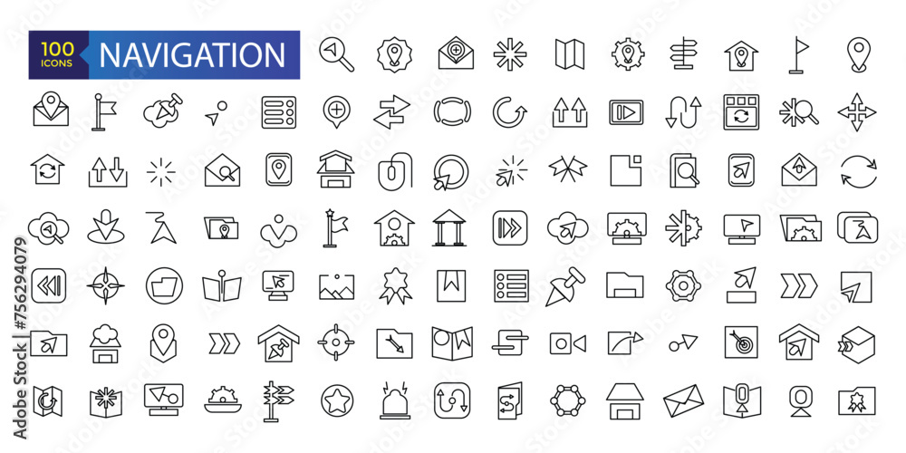 Fototapeta premium Simple Set of Navigation Related Vector Line Icons. Contains such Icons as Cloakroom, Elevator, Exit, Taxi, flag and more.
