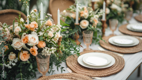 Table setting at wedding reception. Floral compositions with beautiful flowers and greenery, candles, plates