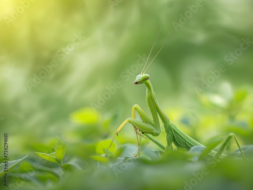 A praying mantis perched on green foliage, bathed in soft sunlight, encapsulating tranquility and the essence of wildlife.