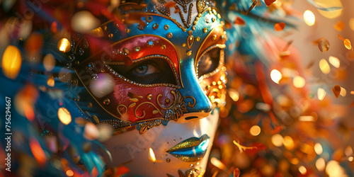 close up of a mask, Carnaval brasileño fondo máscaras confeti.  © Fatima