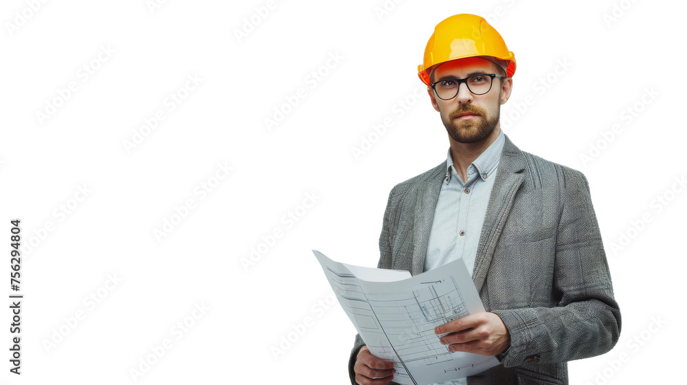 A focused male architect, wearing a hard hat and holding architectural plans, standing with purpose against a white backdrop