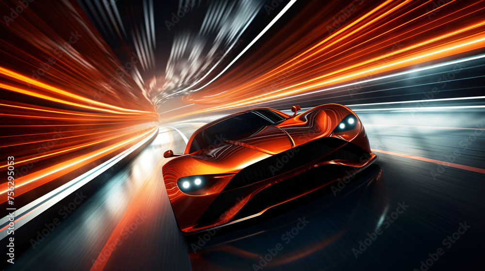 Racing car at high speed riding in illuminated road 