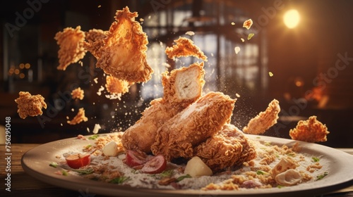 crispy fried chicken on a platter in breadcrumbd falling in the air, rustic wooden table photo