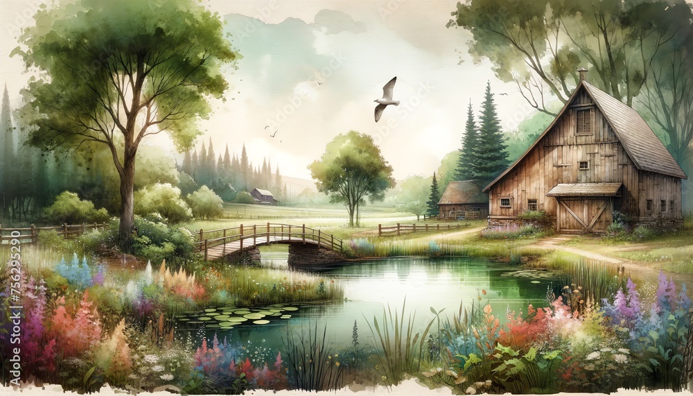 Fototapeta premium Watercolor illustration of a Rustic barn house nestled among lush trees
