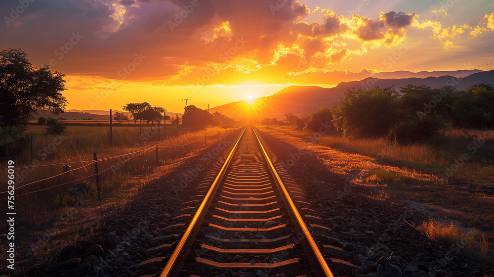 Fototapeta premium photo of a train track crossing a landscape at sunset. With a golden orange sky and stretching clouds in the background, Ai generated Images