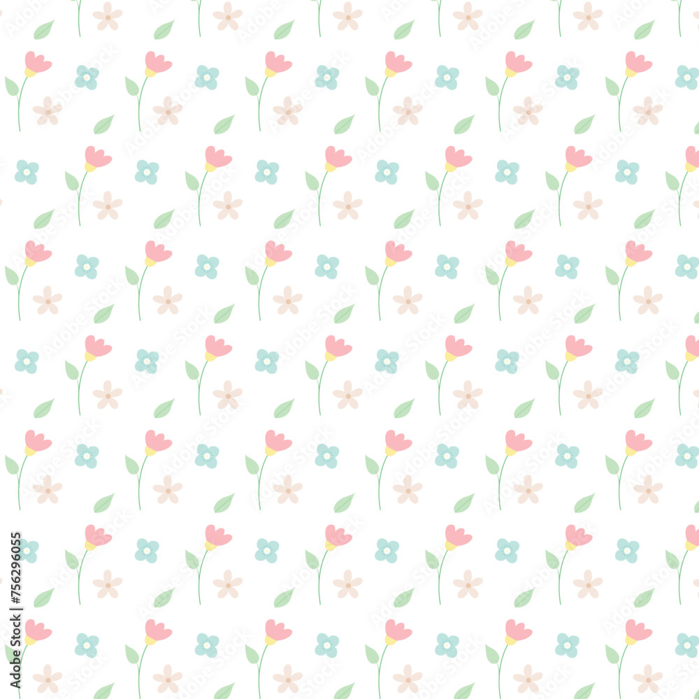 Cute floral seamless pattern print with doodle flowers and leaf. Vector seamless pattern in flat style on white background. Repeat design for fabric, textile, decor, web, print, wallpaper, textile