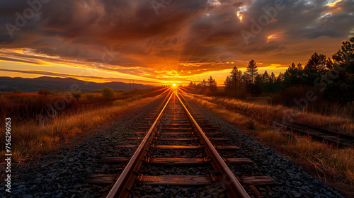 photo of a train track crossing a landscape at sunset. With a golden orange sky and stretching clouds in the background, Ai generated Images