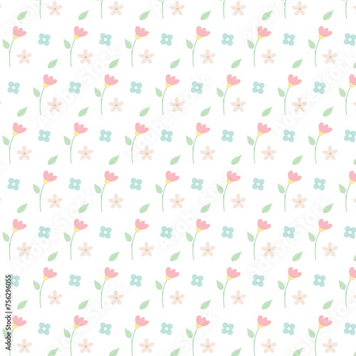 Cute floral seamless pattern print with doodle flowers and leaf. Vector seamless pattern in flat style on white background. Repeat design for fabric, textile, decor, web, print, wallpaper, textile