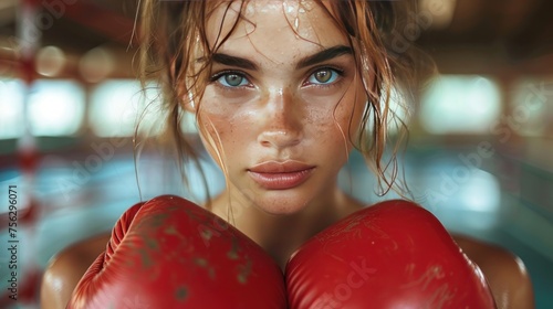 fighter woman fist close up. straight focus on the glove with the rest of the image on blur. photo