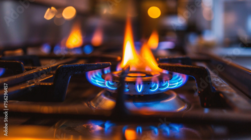 Burning gas stove in the kitchen