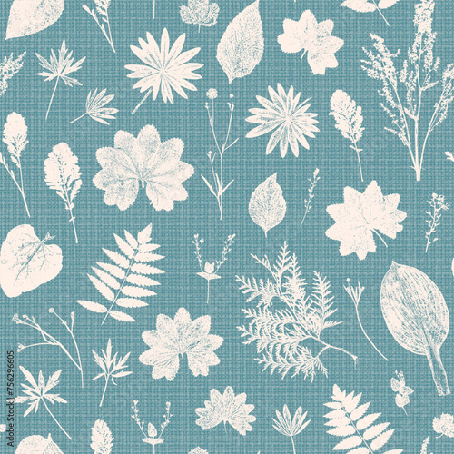 Vector Natural Wildflowers and Herbs Print. Grass Leaf Silhouettes. Floral Background with Imitation Linen Burlap Texture. Stamp Leaves Seamless Pattern. Meadow Plants Vintage Blue Wallpaper