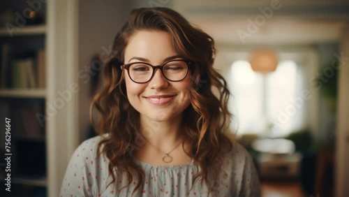 a elegant chubby 30 years old woman looking at camera being nerdy, hipster, wearing a dress,