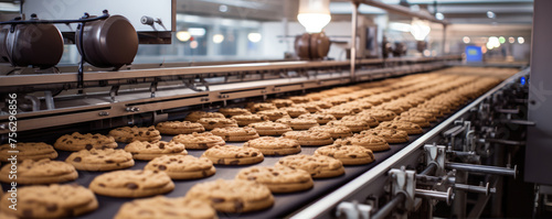 Factory on cake cookies. Fresh cooked Cookies on industrial conveyor.