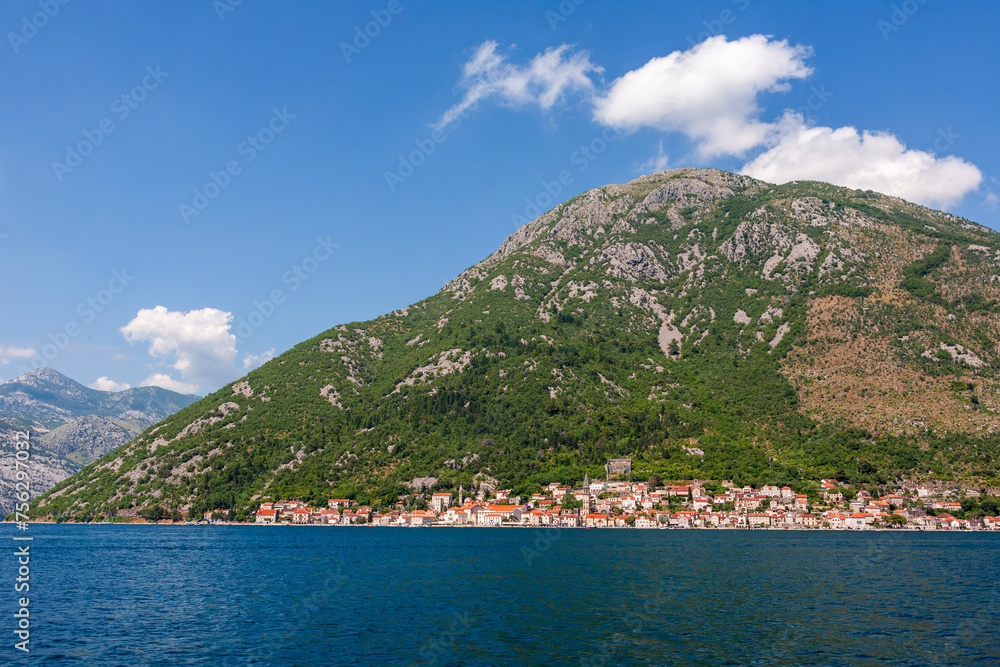 The beautiful village of Perast, Boka Kotorska (aka the Bay of Kotor), Montenegro, from a boat in the bay