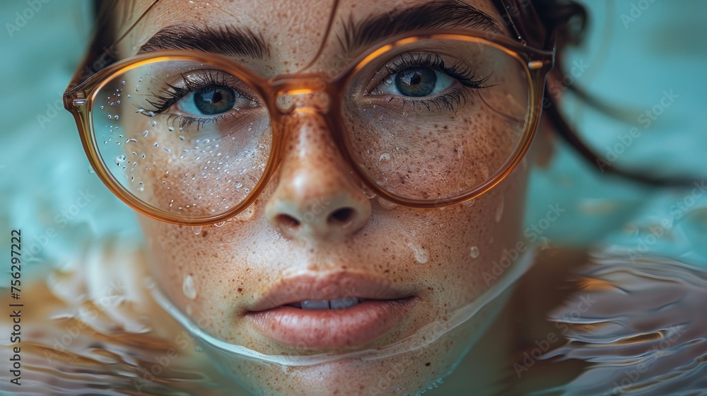 Female swimmer at the swimming pool.Underwater photo. Female swim underwater in pool. Girl wearing summer goggles swims underwater poolside. Female swimmer at the swimming pool.Underwater photo. Female swim underwater in pool. Girl wearing summer goggles swims underwater poolside.