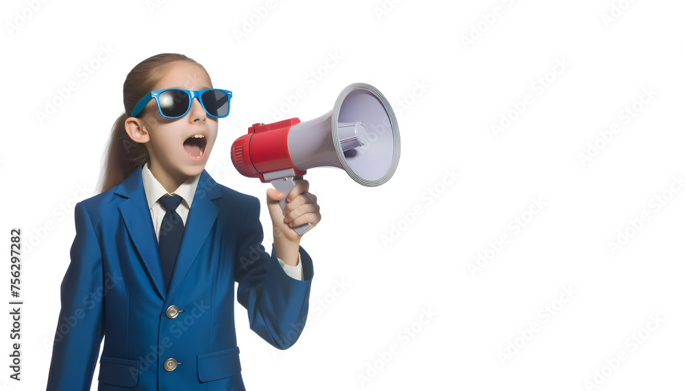 young girl shouting through megaphone young girl shouting through megaphone