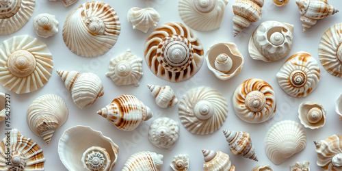 Pattern of shells on white surface with empty space in middle, closeup view of natural decor concept