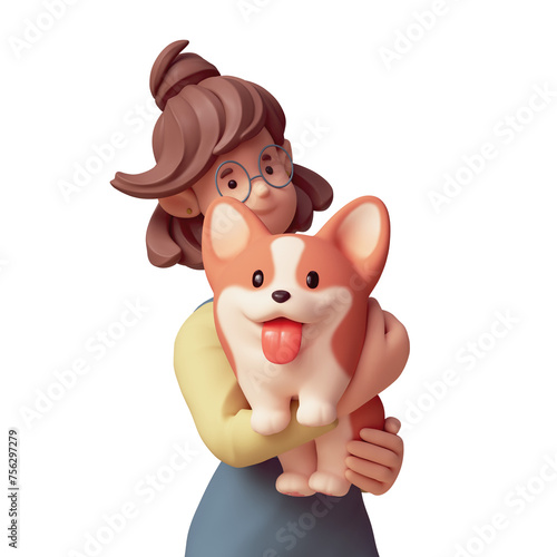Portrait of young cute kawaii excited smiling asian k-pop girl wears fashion casual clothes, blue overalls, green sweatshirt, holds fluffy playful corgi dog with hands. 3d render isolated transparent.