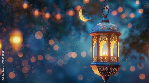 Golden ornamental arabic lantern illuminated by crescent moon - celebrate ramadan kareem with traditional symbolism
