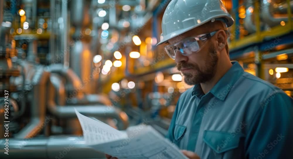 Engineers in hard hats discussing over a plant blueprint Engineers in hard hats discussing over a plant blueprint