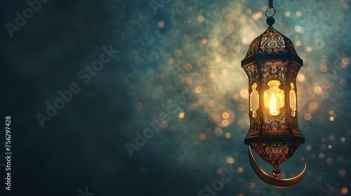  Beautiful ornamental arabic lantern illuminated against night sky with crescent moon - ramadan kareem celebration concept