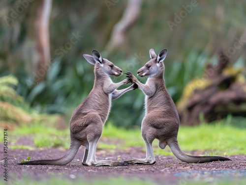 Two kangaroos engaging in a friendly play fight, standing face-to-face amidst lush greenery.