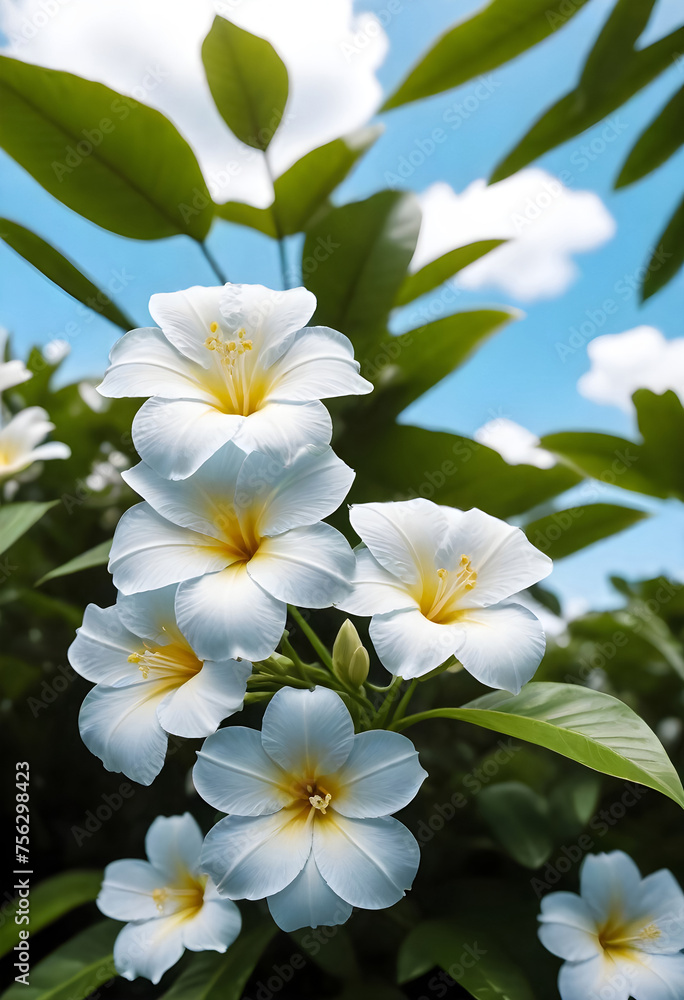 Fototapeta premium white plumeria flowers with yellow centers against a blue sky