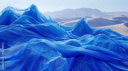 the facade of dune is completely covered with blue silk fabric very puffy hypersize disproportionate in size photo