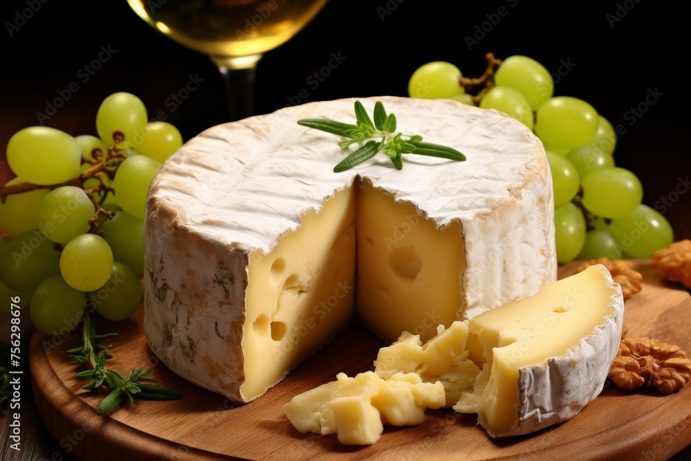 Exquisite cheese on wooden board with grapes and wine glass, gourmet snack and wine tasting concept