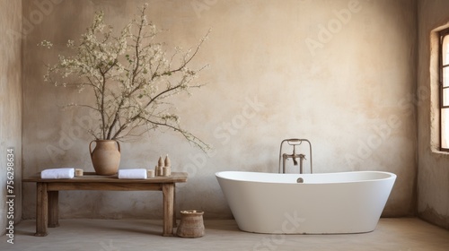 Sleek modern bathroom with bath tub against beige concrete wall in kinfolk inspired design