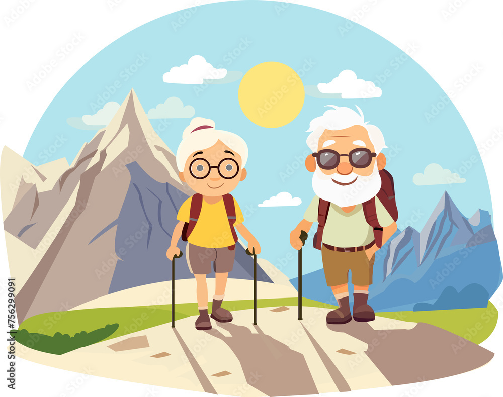 Elder couple hiking outdoors together, sport activities concept.